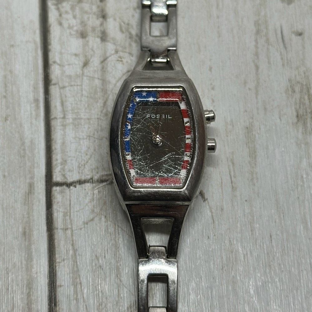 Fossil BIG TIC ES9744 American Flag LED Dial Silver‎ Tone Watch SCRATCHES